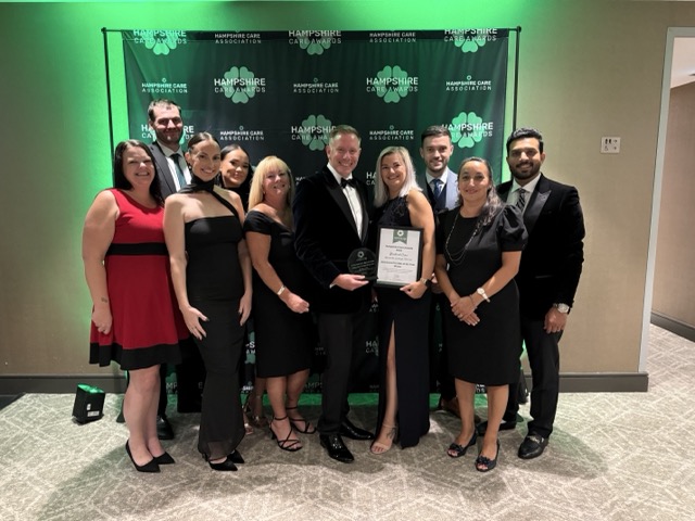 Bluebird Care Winchester, Eastleigh & Romsey team celebrate winning Homecare Provider of the Year at the 2025 Hampshire Care Awards.